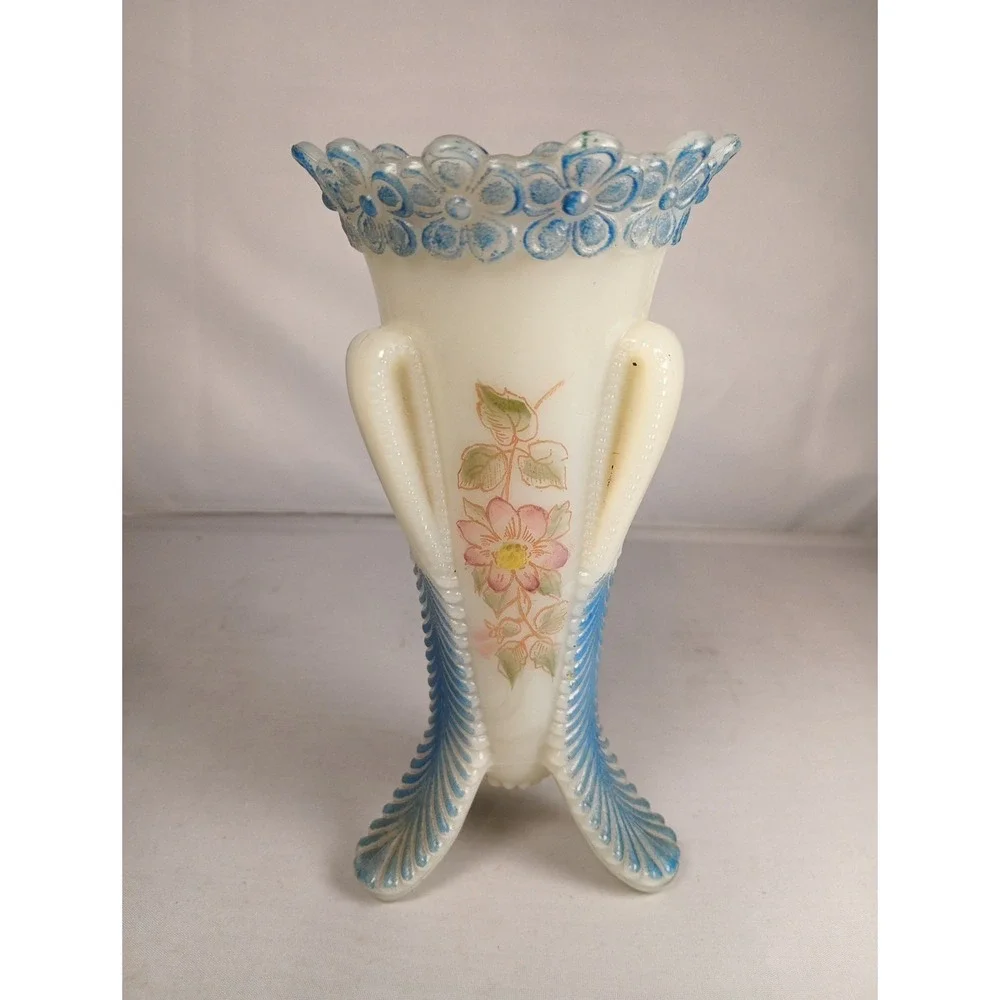 Glass Vase On Petal Feet Victorian Decorated USA Vermont Pattern, 6.5